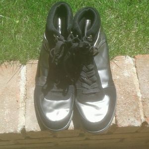 Metallic silver athletic shoes